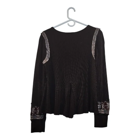 Free People Marion Black and Burgundy Embroidered Thermal Long Sleeve Top Large - Picture 2 of 7
